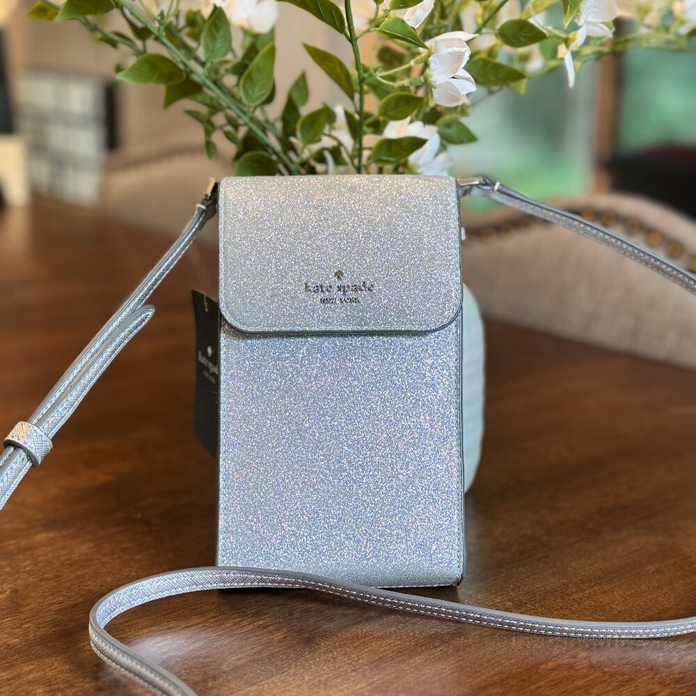 Kate Spade Glimmer North South Glitter Phone Flap Crossbody Lunar Light